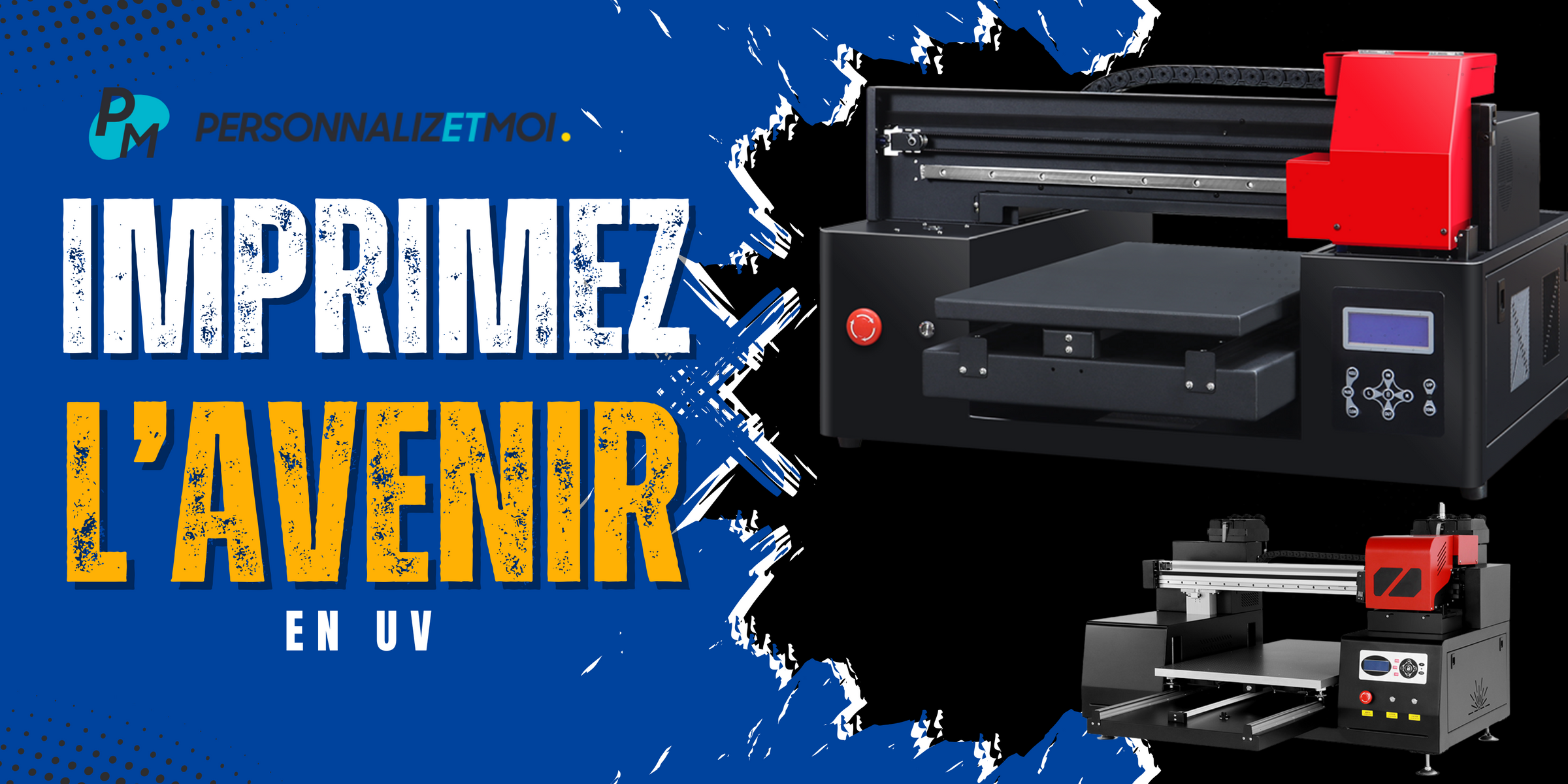 Imprimante UV PersonnalizetMoi sur fond noir et rouge, ambiance moderne grunge