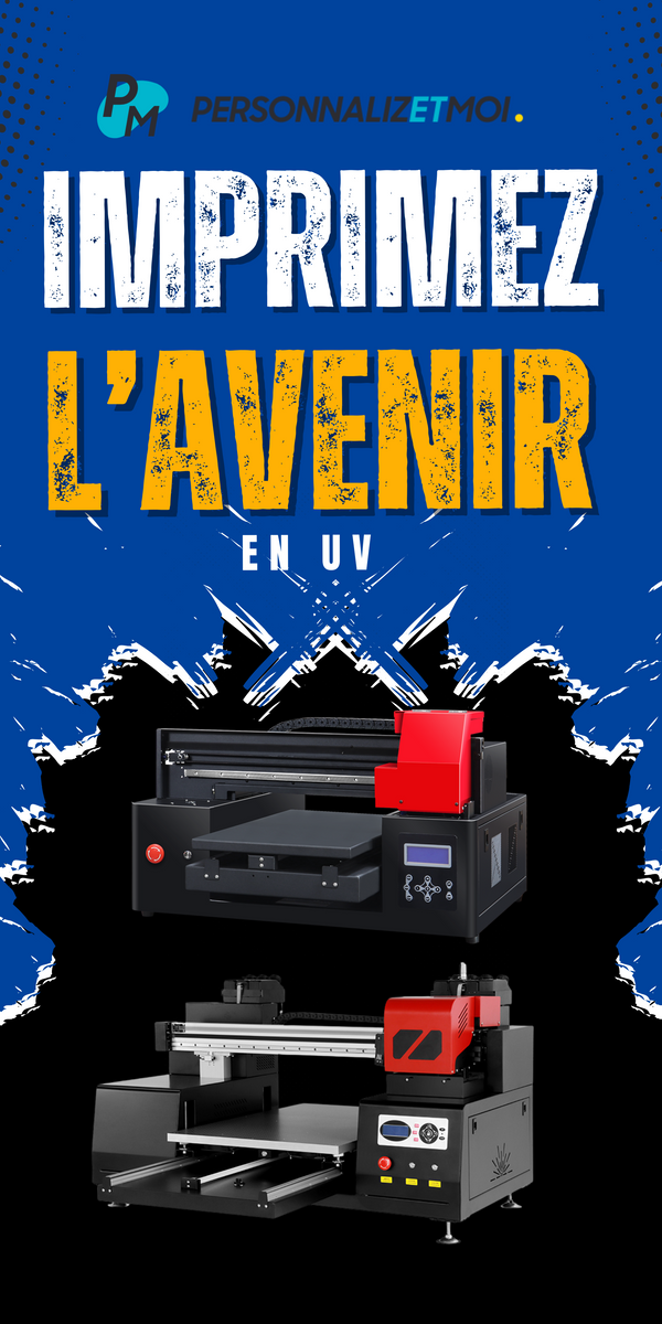 "Imprimante UV pro PersonnalizetMoi, mise en avant sur bannière noire et rouge style moderne grunge, impression personnalisée