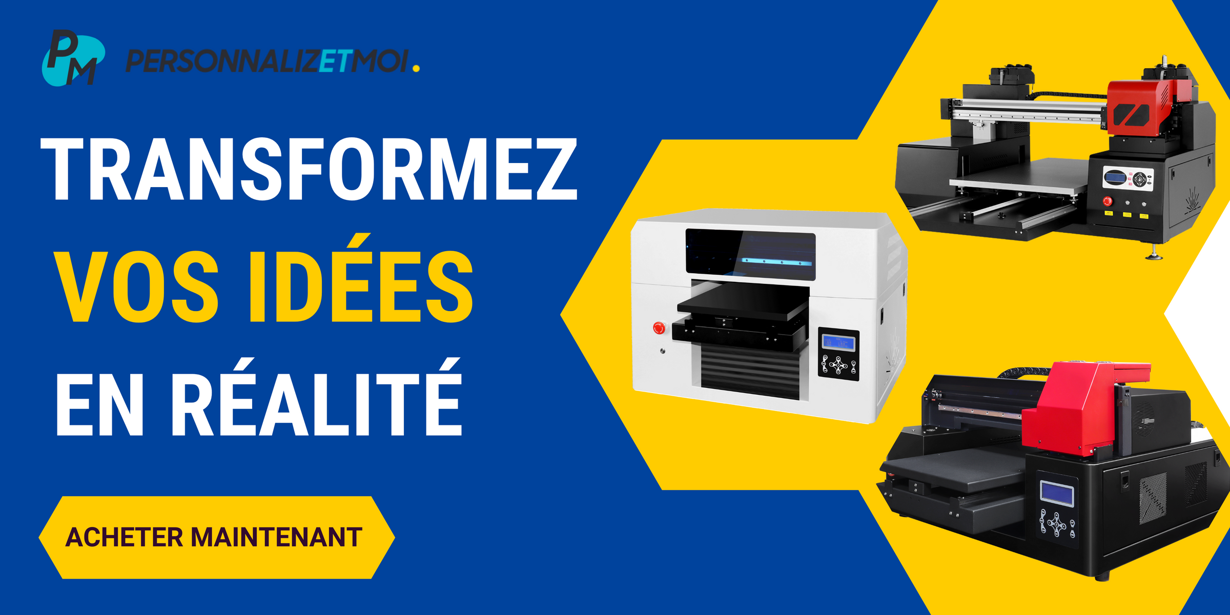 Bannière PersonnalizetMoi pour impression 3D, design violet et jaune moderne, mise en avant des services personnalisés