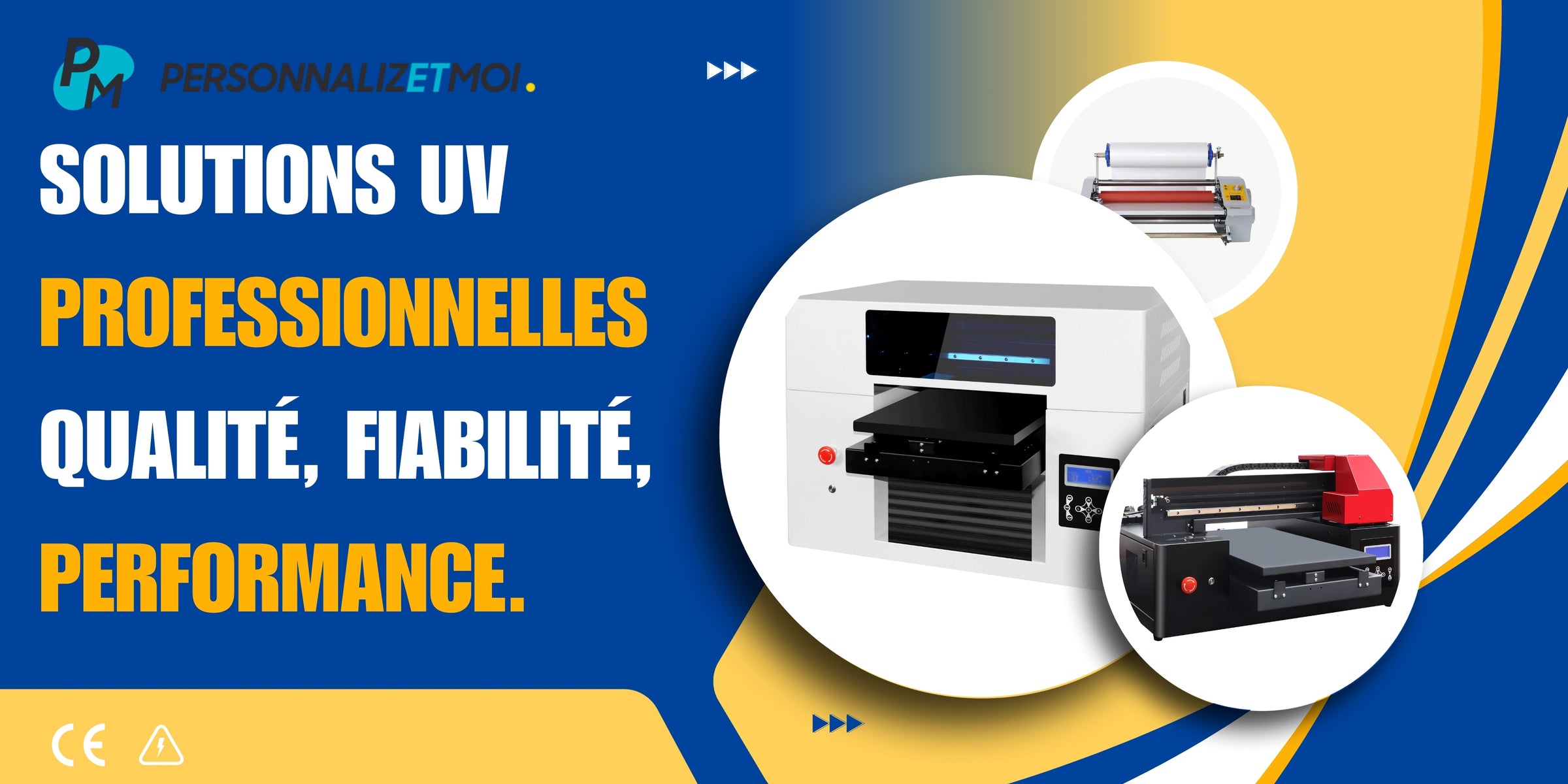 Imprimante UV professionnelle PersonnalizetMoi en démonstration sur fond moderne jaune et bleu